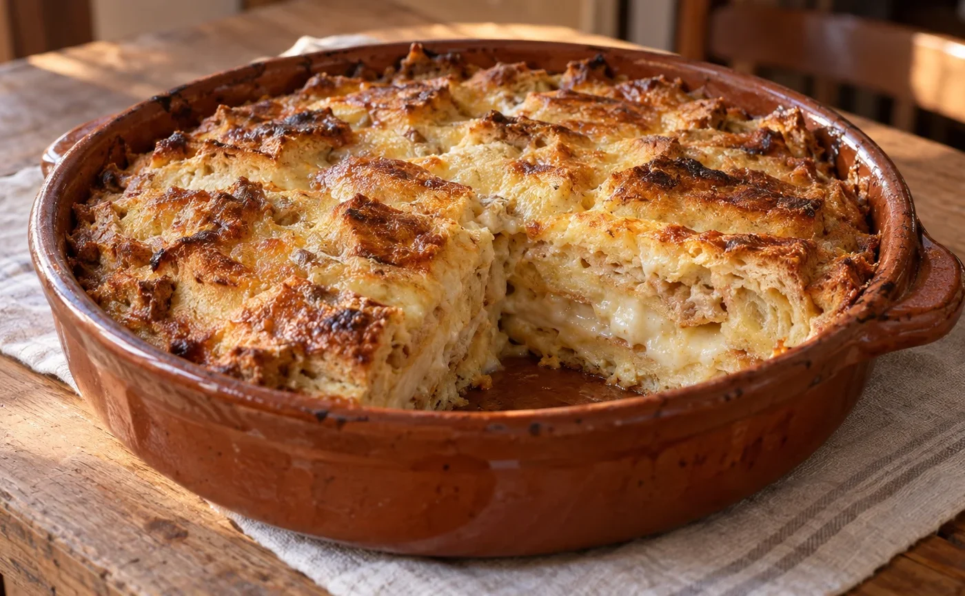 Zuppa gallurese al forno tagliata a porzioni in una pirofila rustica