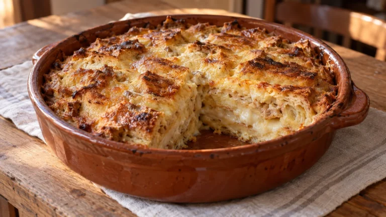 Zuppa gallurese al forno tagliata a porzioni in una pirofila rustica
