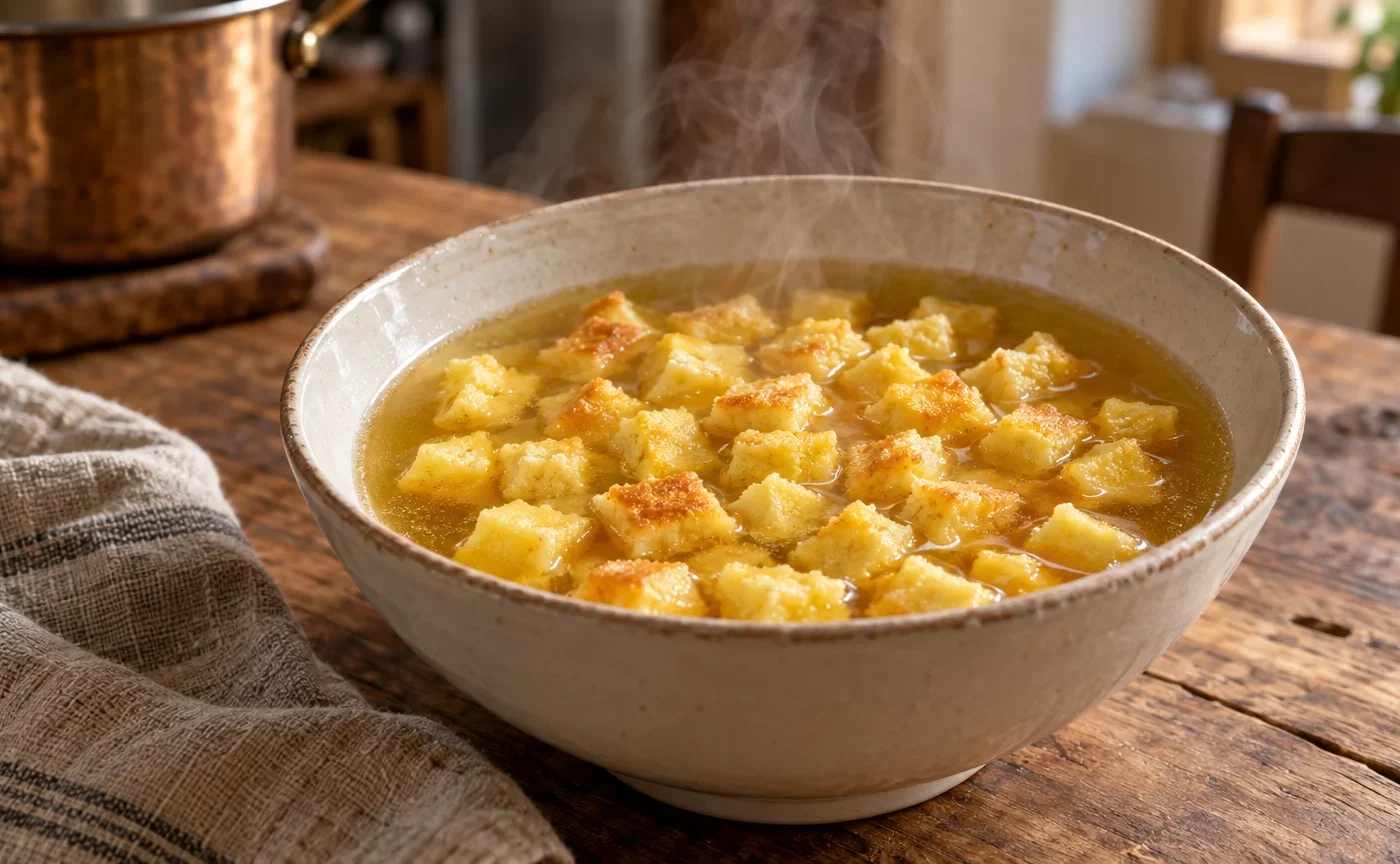 Zuppa imperiale bolognese con cubetti di semolino e Parmigiano nel brodo di carne