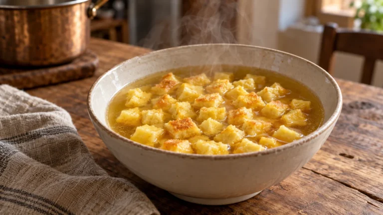 Zuppa imperiale bolognese con cubetti di semolino e Parmigiano nel brodo di carne