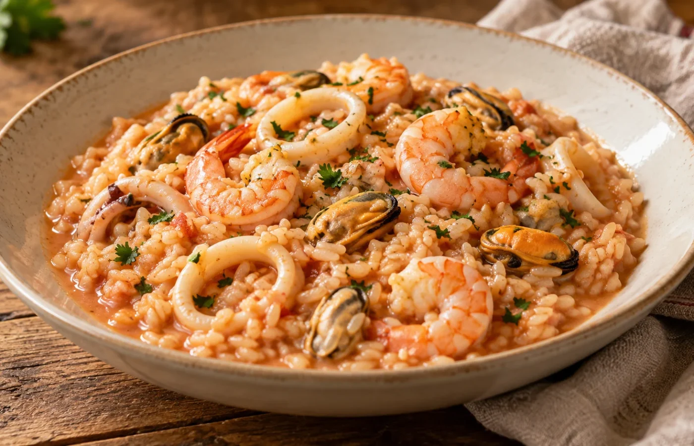 Risotto alla pescatora con Bimby: ricetta con calamari, gamberi e molluschi
