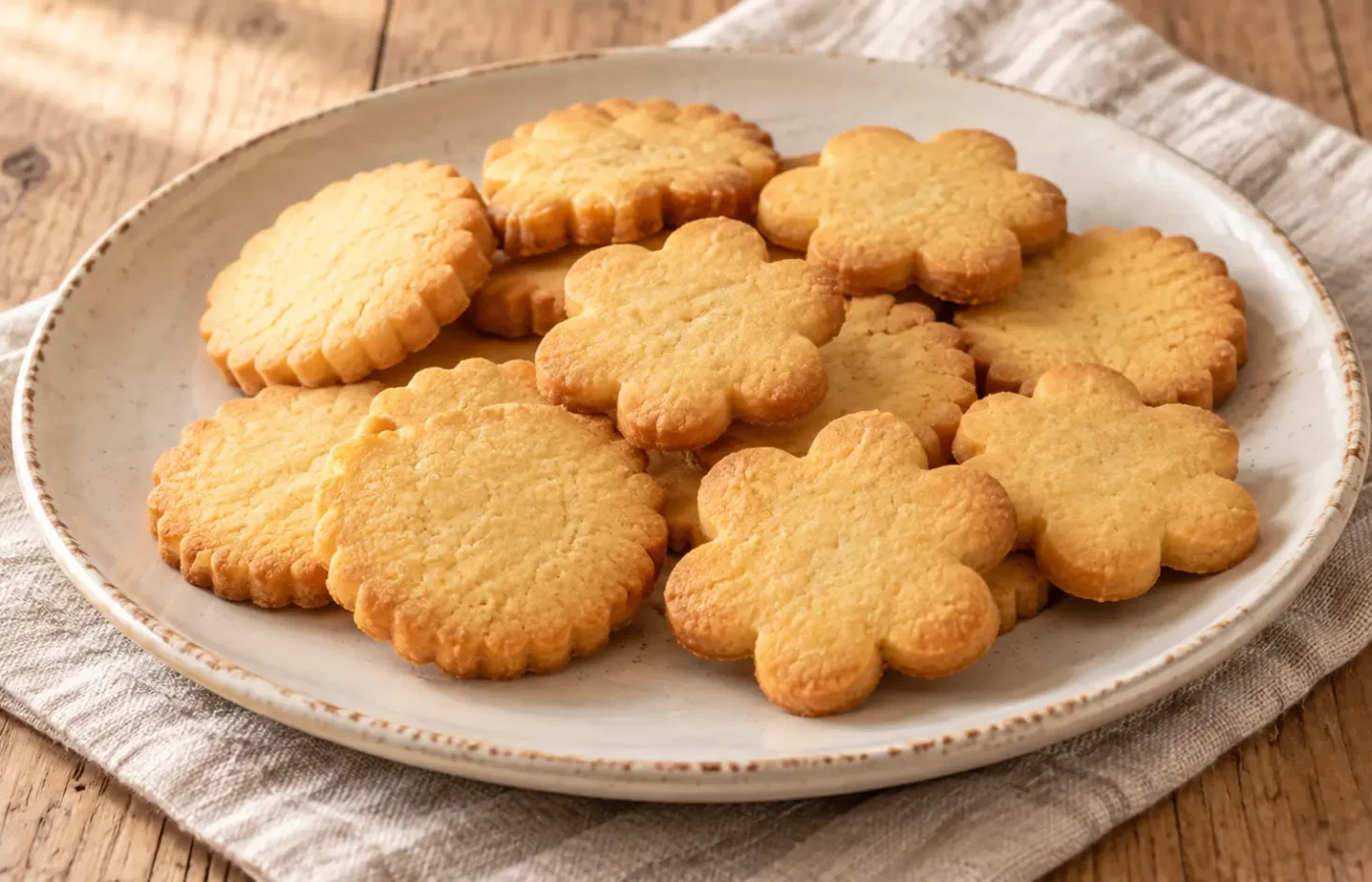 Biscotti semplici di pasta frolla dorati, rotondi e a fiore, senza zucchero a velo né glassa