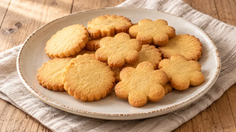 Biscotti semplici di pasta frolla dorati, rotondi e a fiore, senza zucchero a velo né glassa
