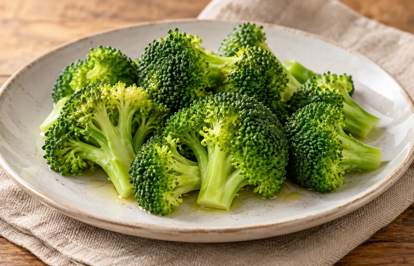 cimette di broccoli al vapore verde naturale, condite con poco olio senza altre guarnizioni