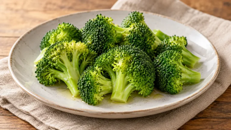 cimette di broccoli al vapore verde naturale, condite con poco olio senza altre guarnizioni
