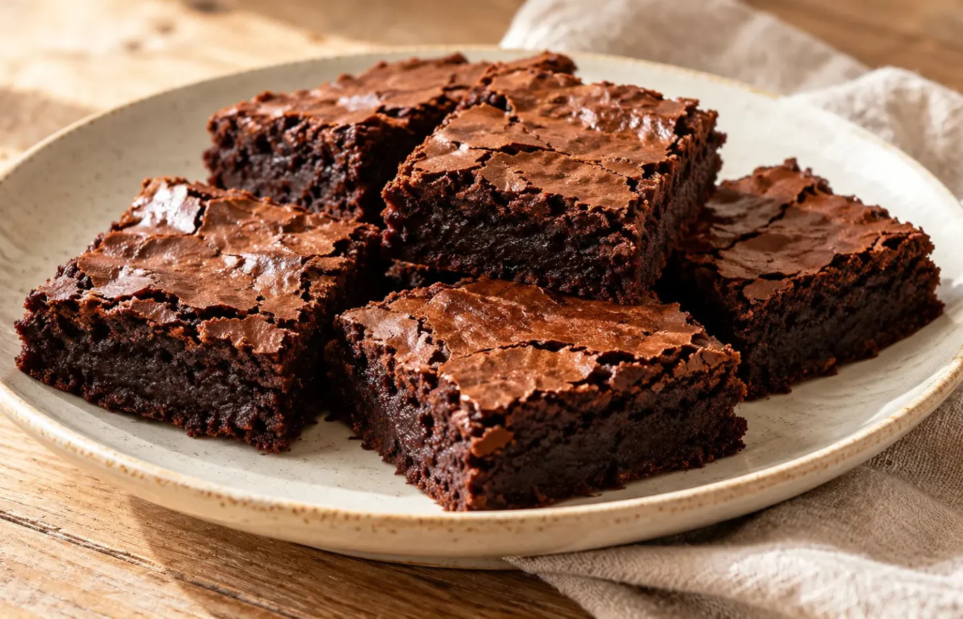 Brownies scuri al cioccolato tagliati a quadrotti, superficie sottile crepata e interno umido, senza noci o glassa