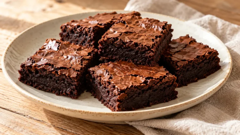 Brownies scuri al cioccolato tagliati a quadrotti, superficie sottile crepata e interno umido, senza noci o glassa