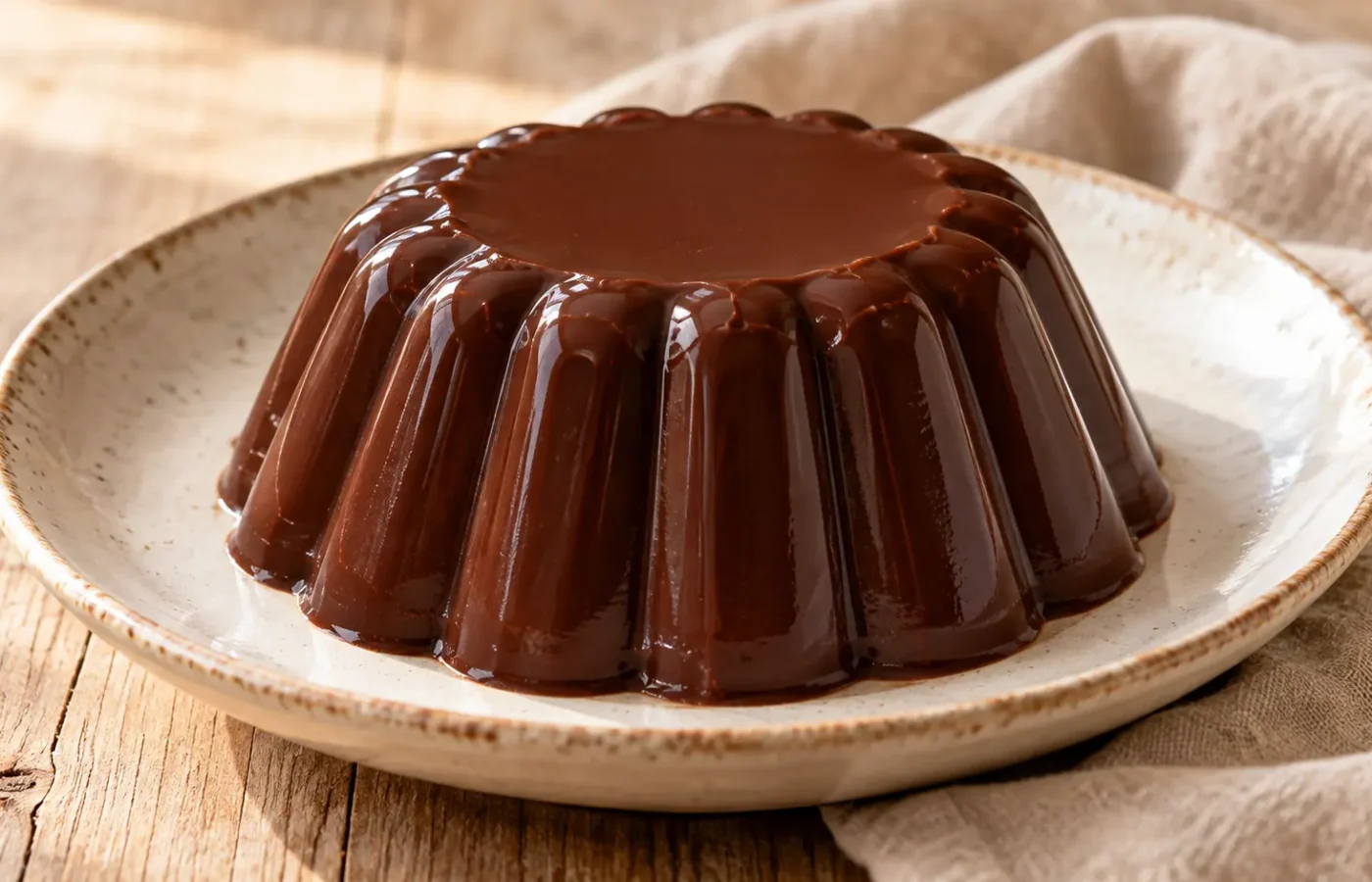 Budino al cioccolato scuro lucido sformato con scanalature, senza panna o frutta