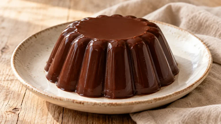 Budino al cioccolato scuro lucido sformato con scanalature, senza panna o frutta