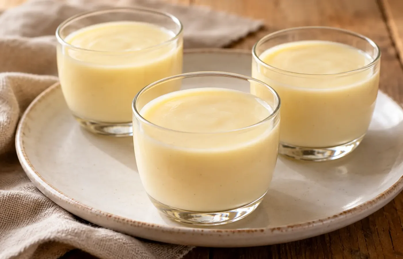 budino alla vaniglia color avorio in piccoli bicchieri, superficie liscia senza guarnizioni
