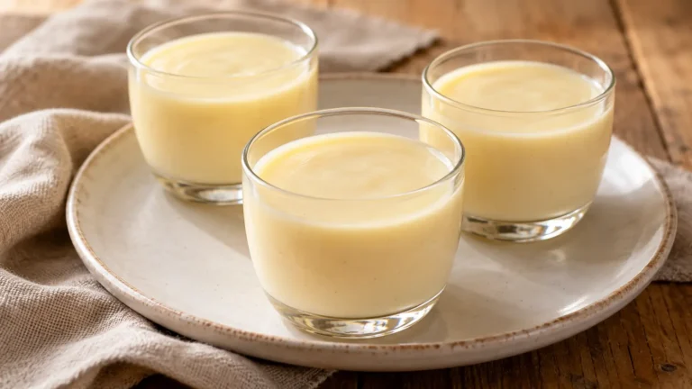 budino alla vaniglia color avorio in piccoli bicchieri, superficie liscia senza guarnizioni