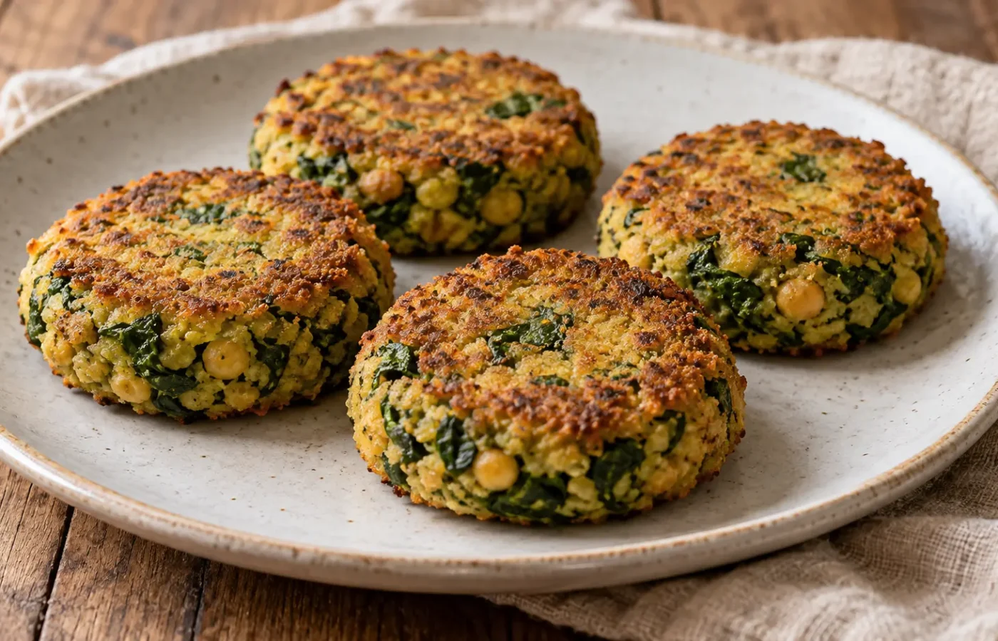 quattro burger senza panino, fatti di ceci e spinaci, impanatura sottile dorata e interno verde punteggiato