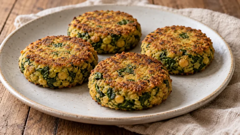 quattro burger senza panino, fatti di ceci e spinaci, impanatura sottile dorata e interno verde punteggiato