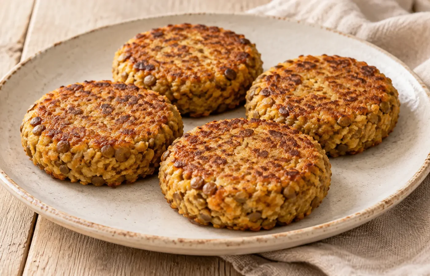 Quattro burger vegetariani dorati di lenticchie, senza pane né salse