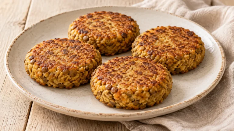 Quattro burger vegetariani dorati di lenticchie, senza pane né salse