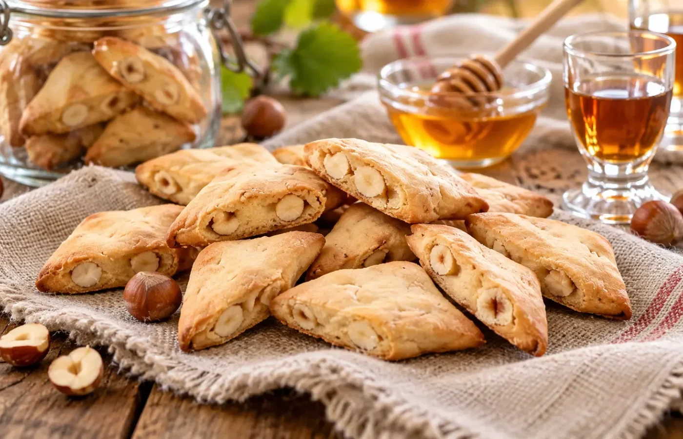 Bussolani al miele tagliati in diagonale, dorati e ricchi di mandorle e nocciole, su un piatto rustico.