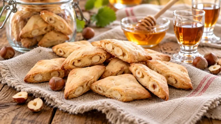 Bussolani al miele tagliati in diagonale, dorati e ricchi di mandorle e nocciole, su un piatto rustico.