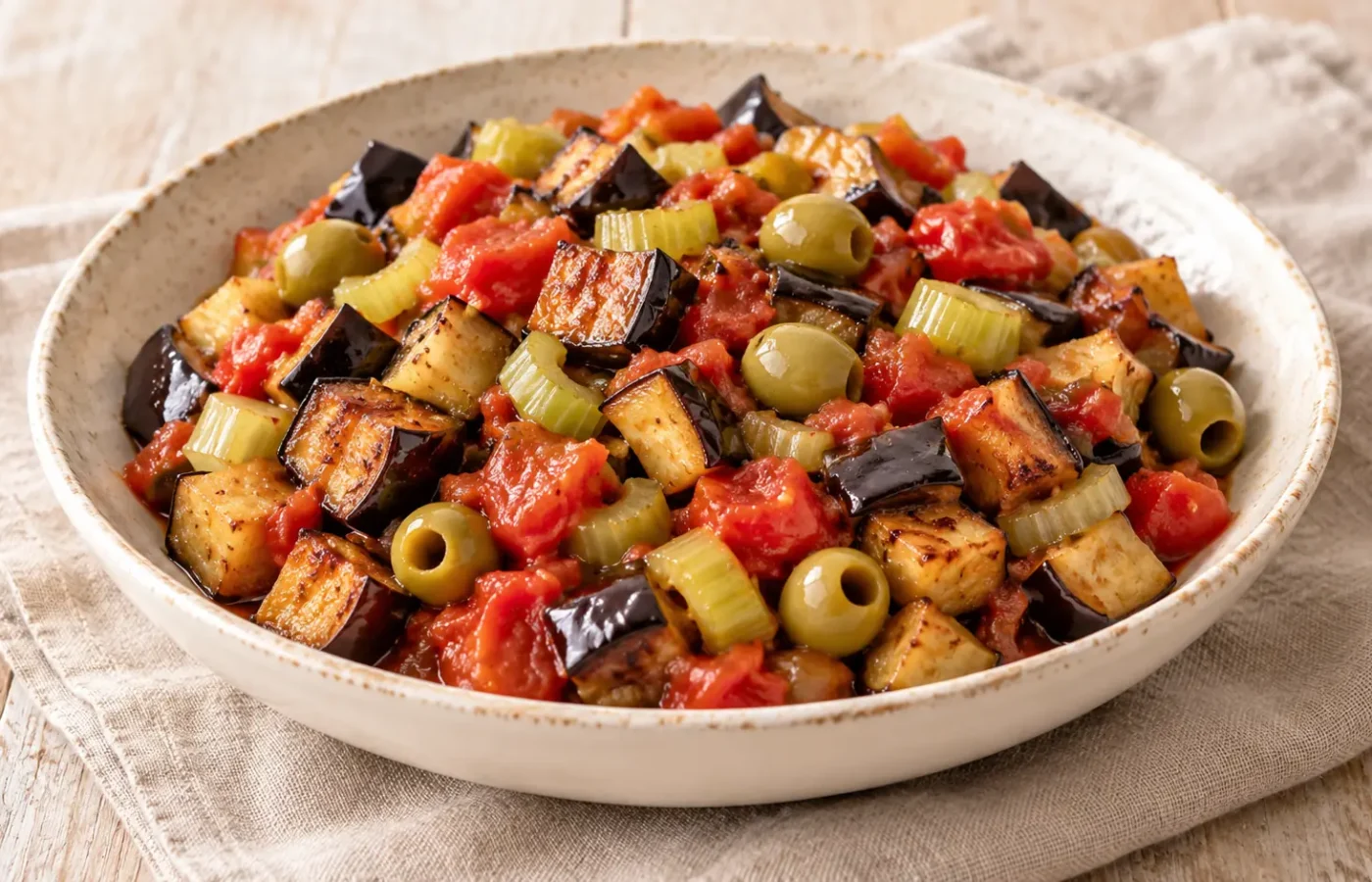Caponata con cubetti di melanzane al forno, sedano, olive verdi e pomodoro, senza pinoli