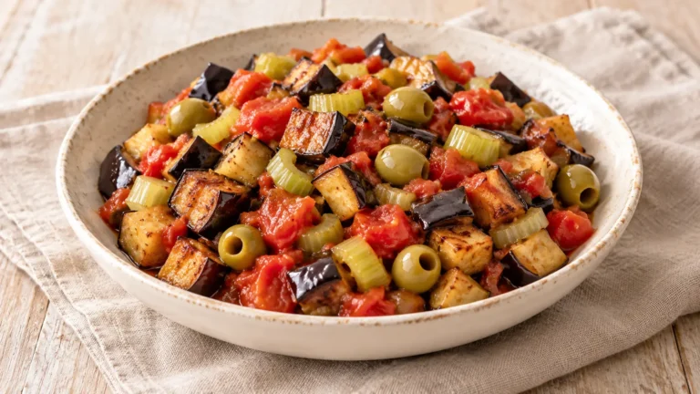 Caponata con cubetti di melanzane al forno, sedano, olive verdi e pomodoro, senza pinoli