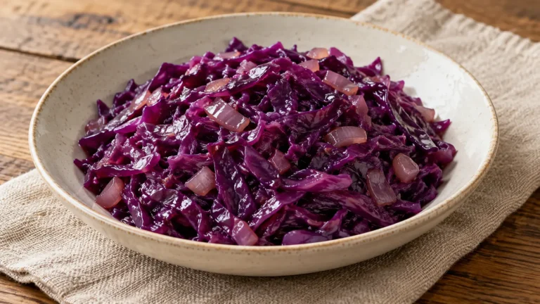 cavolo rosso stufato a striscioline viola morbide con piccoli pezzi di cipolla