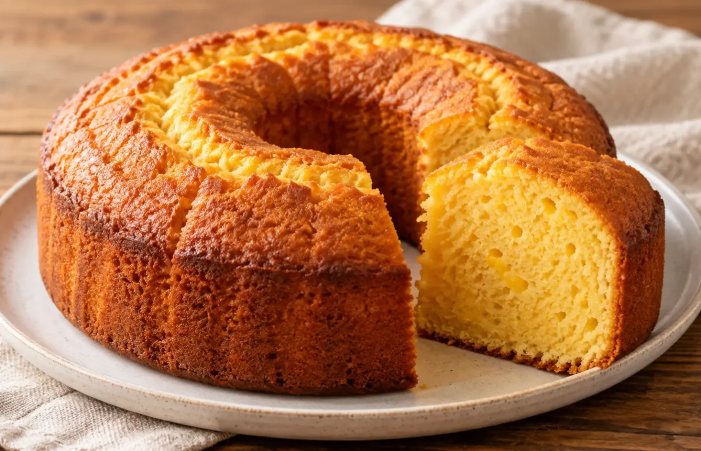 ciambella dorata all’arancia con una fetta tagliata, senza glassa o zucchero a velo