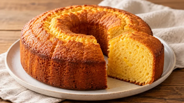 ciambella dorata all’arancia con una fetta tagliata, senza glassa o zucchero a velo