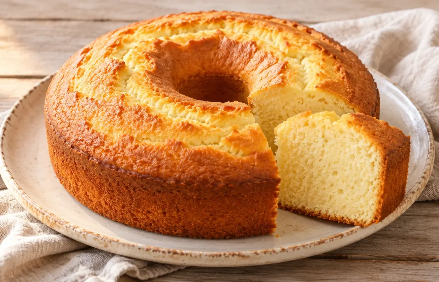 Ciambellone dorato ad anello con fetta e mollica chiara