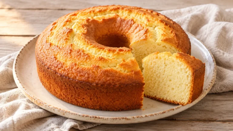 Ciambellone dorato ad anello con fetta e mollica chiara