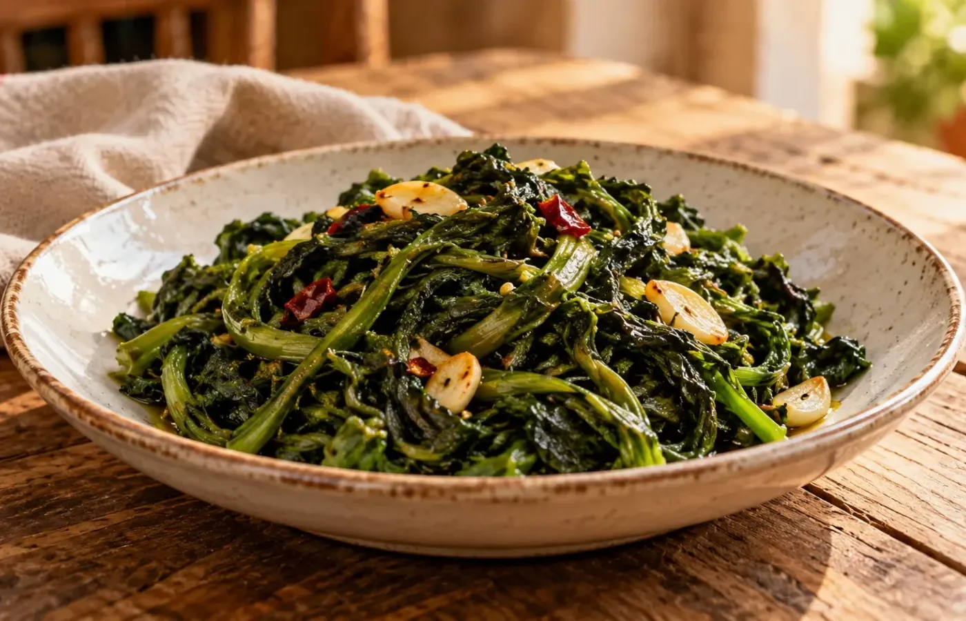 Cicoria verde scura ripassata in padella con aglio e peperoncino servita su un piatto di ceramica