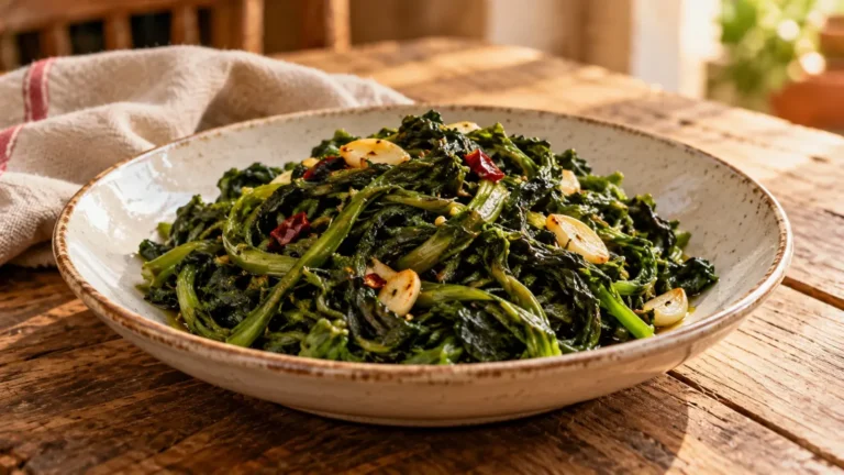 Cicoria verde scura ripassata in padella con aglio e peperoncino servita su un piatto di ceramica