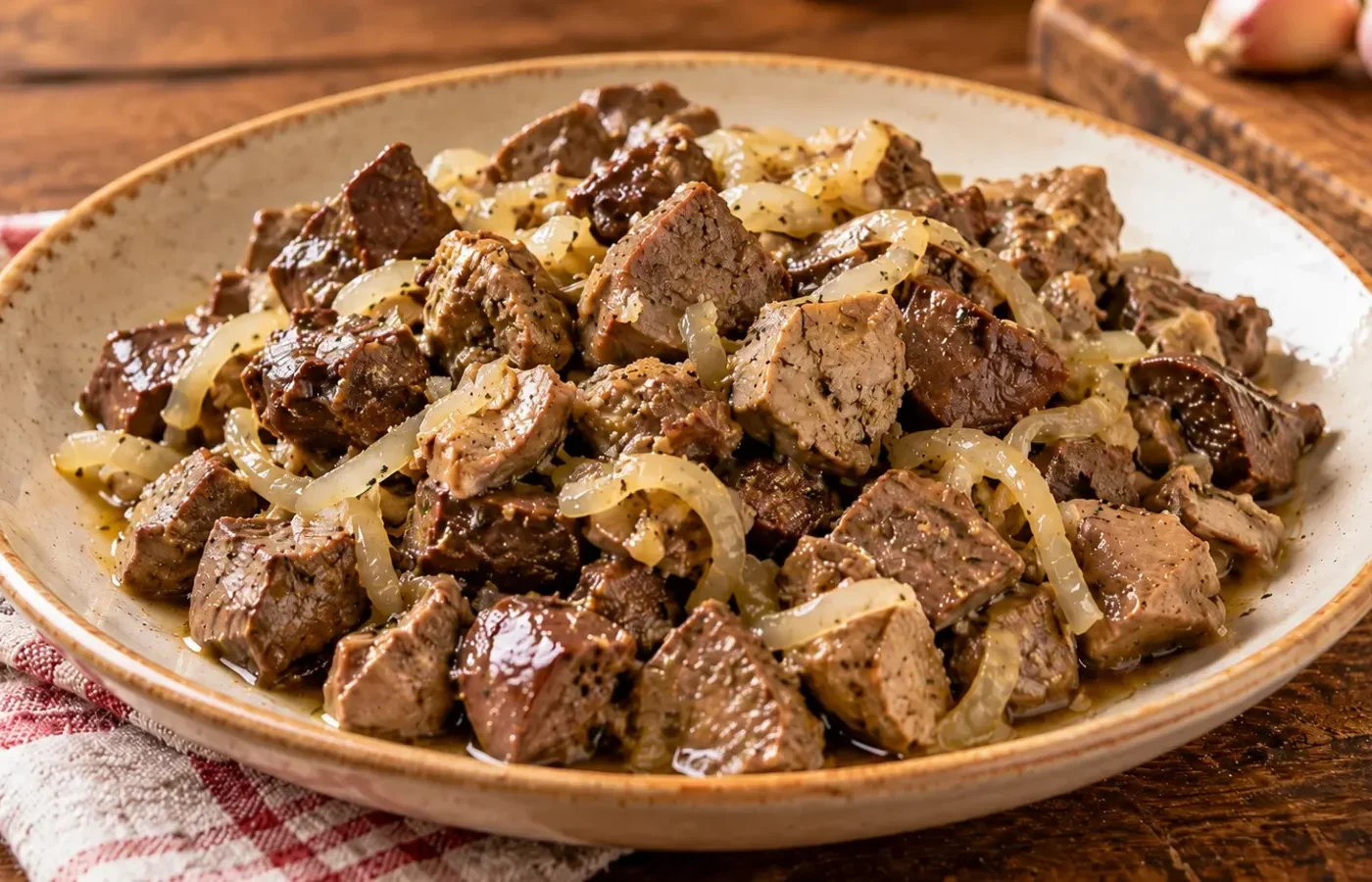 Coratella alla romana con cipolle servita calda in un piatto di ceramica