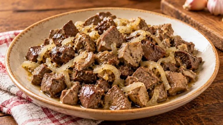 Coratella alla romana con cipolle servita calda in un piatto di ceramica