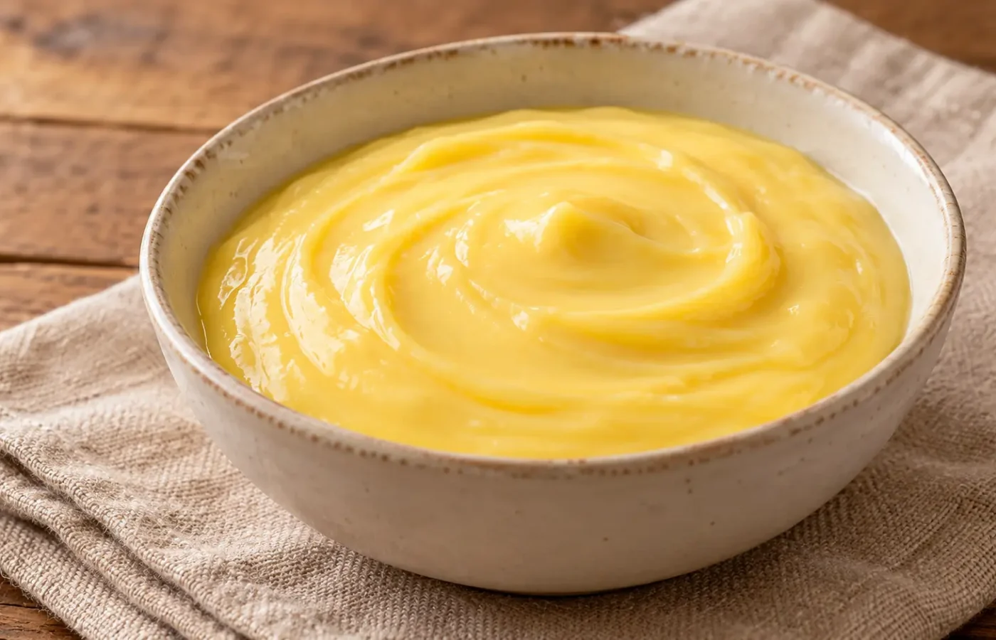 crema pasticcera all’arancia giallo chiaro in una ciotola, superficie liscia senza guarnizioni
