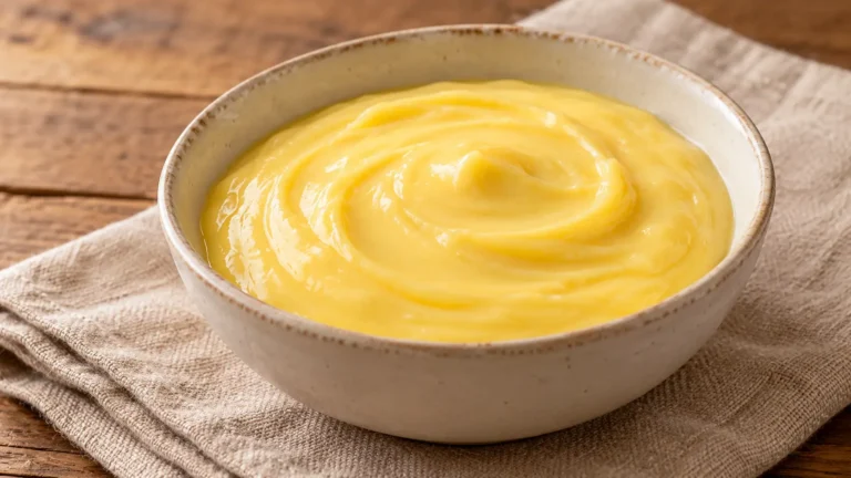 crema pasticcera all’arancia giallo chiaro in una ciotola, superficie liscia senza guarnizioni