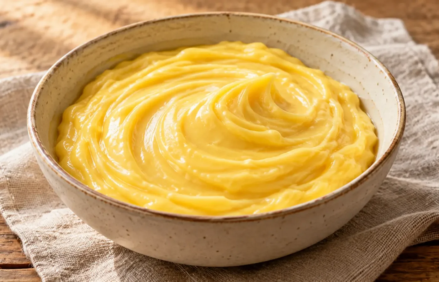 Crema pasticcera gialla densa e lucida in ciotola chiara, tracce di frusta, senza frutta o biscotti