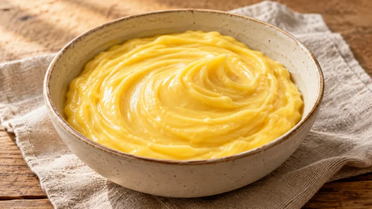 Crema pasticcera gialla densa e lucida in ciotola chiara, tracce di frusta, senza frutta o biscotti