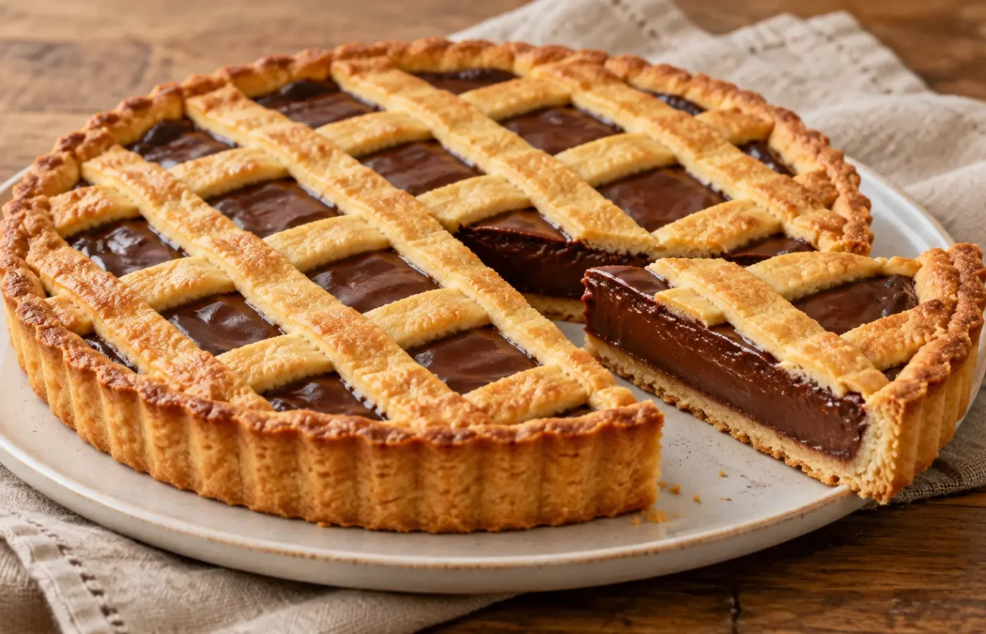 crostata con ripieno scuro di crema al cioccolato e griglia di pasta frolla dorata, una fetta tagliata