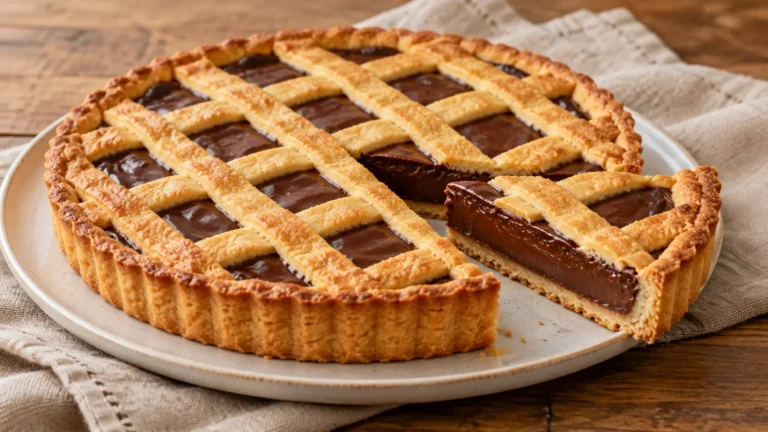 crostata con ripieno scuro di crema al cioccolato e griglia di pasta frolla dorata, una fetta tagliata