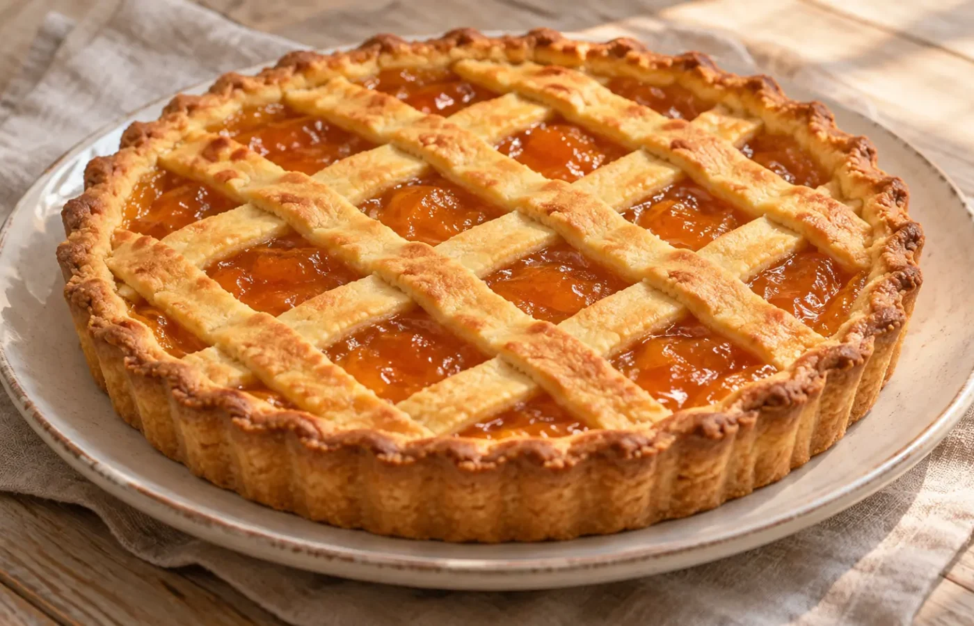 Crostata dorata con confettura arancione di albicocche e reticolo di pasta frolla