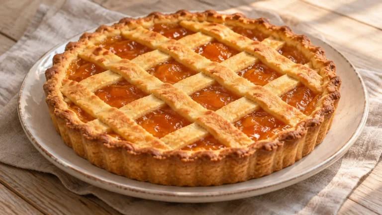Crostata dorata con confettura arancione di albicocche e reticolo di pasta frolla