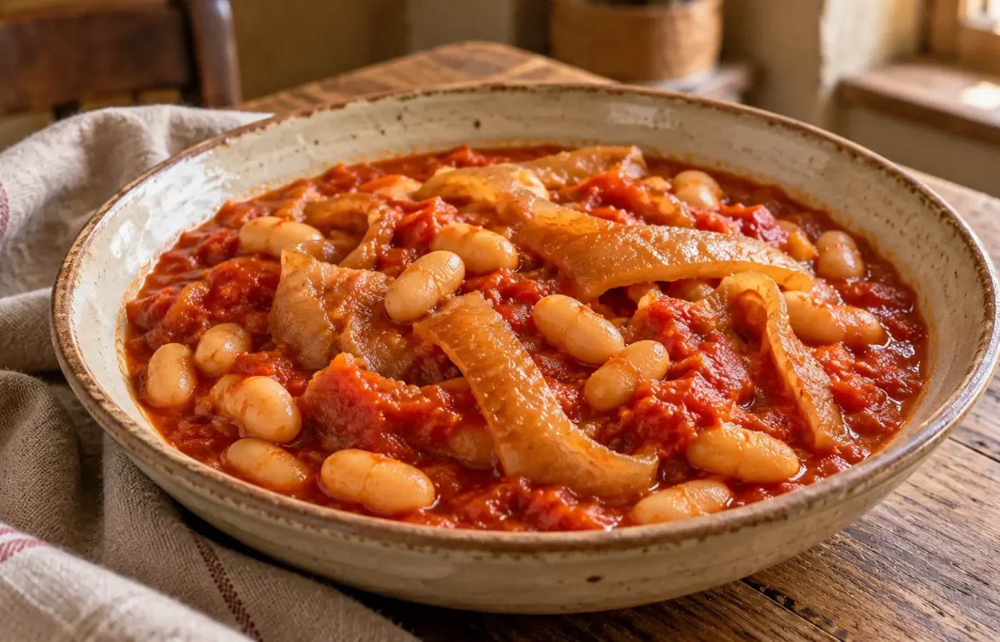 Fagioli cannellini con cotiche di maiale morbide e salsa di pomodoro in una ciotola rustica