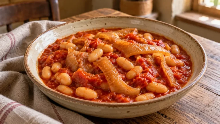 Fagioli cannellini con cotiche di maiale morbide e salsa di pomodoro in una ciotola rustica