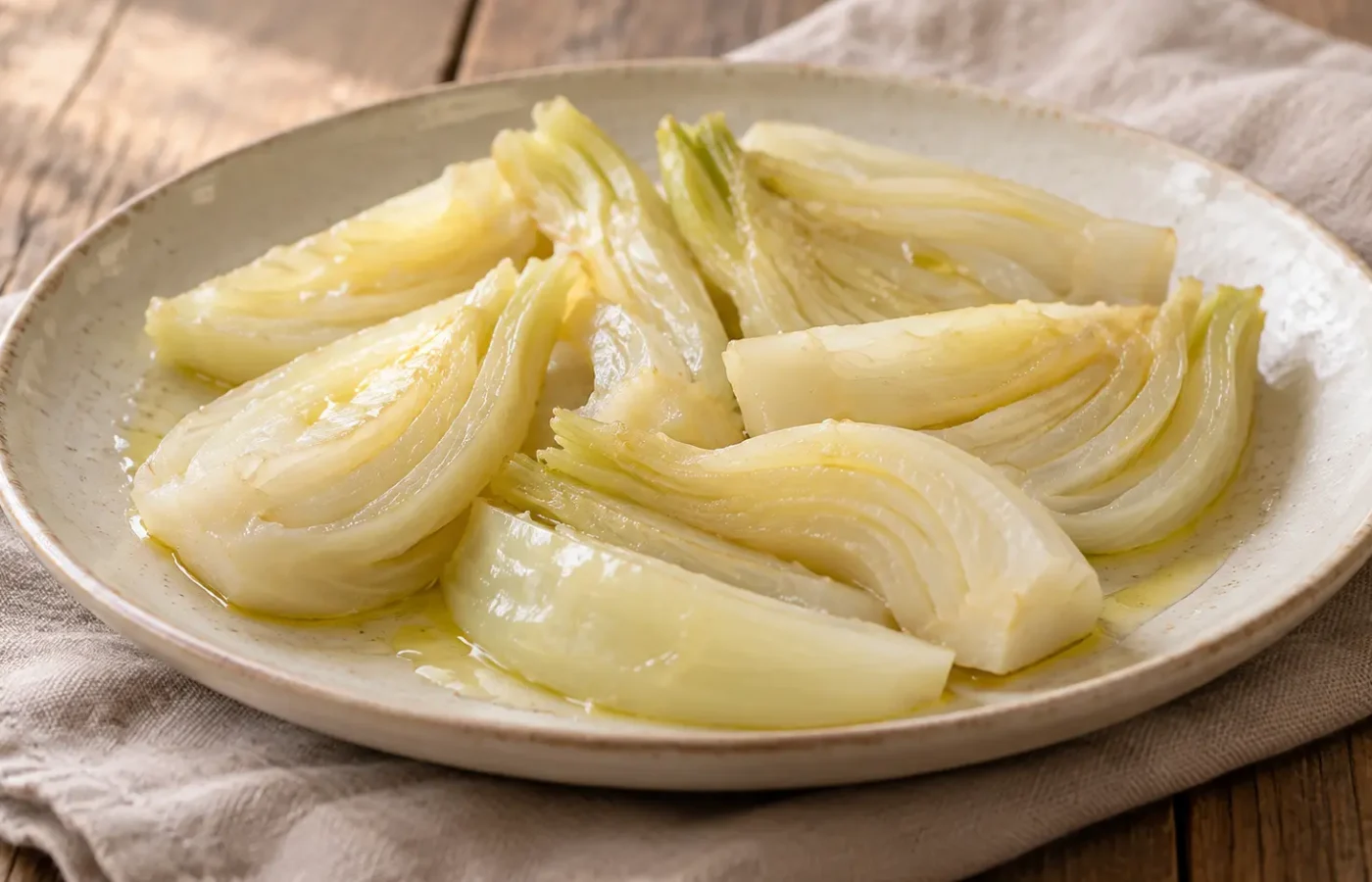 spicchi bianchi di finocchio al vapore teneri senza doratura, poco olio