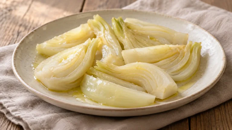 spicchi bianchi di finocchio al vapore teneri senza doratura, poco olio