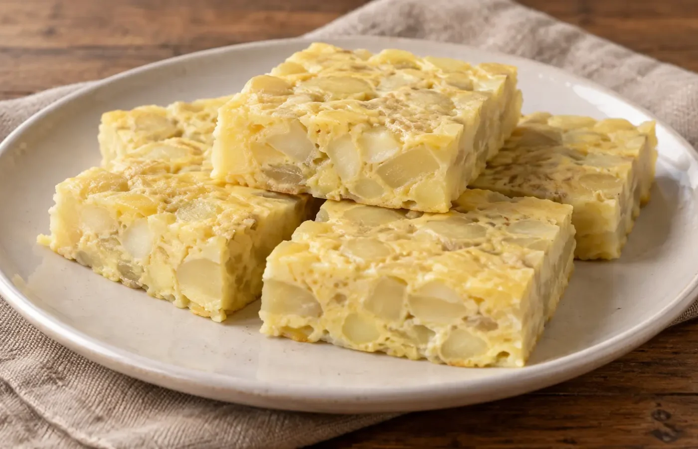 frittata chiara di patate al vapore tagliata a quadrotti, pezzetti di patata visibili e nessuna doratura