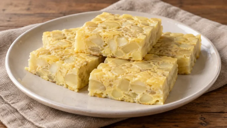 frittata chiara di patate al vapore tagliata a quadrotti, pezzetti di patata visibili e nessuna doratura