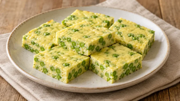 frittata chiara di piselli al vapore tagliata a quadrotti, senza doratura o crosta