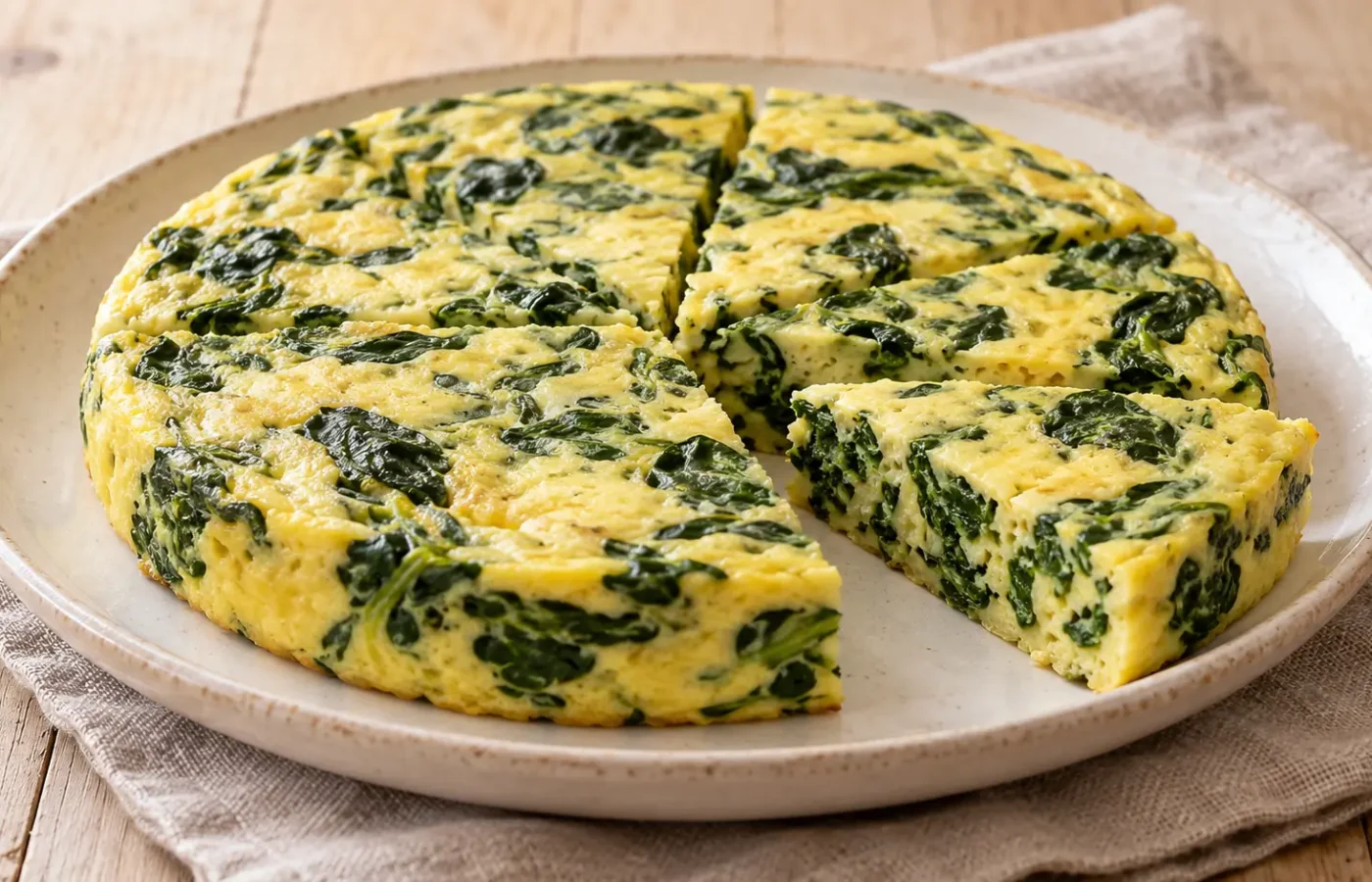 Frittata spessa cotta al vapore tagliata a spicchi con spinaci, superficie chiara non dorata