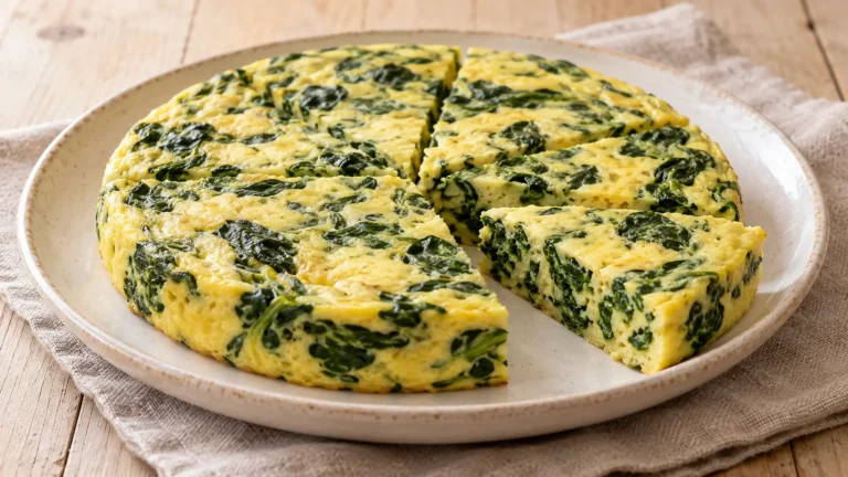 Frittata spessa cotta al vapore tagliata a spicchi con spinaci, superficie chiara non dorata