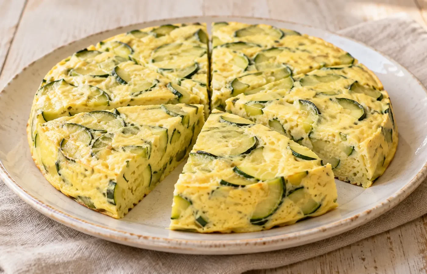 Frittata spessa cotta al vapore tagliata a spicchi con zucchine, superficie chiara non dorata
